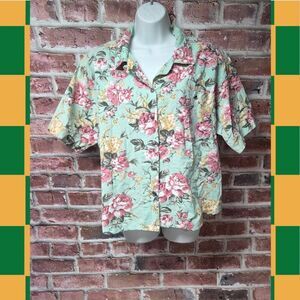 Vintage 90s CM Company Hawaiian Shirt Large Green Pink Floral Button Down V Neck